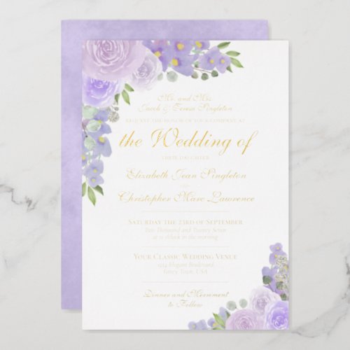 Elegant Lavender Purple Floral Formal Wedding Foil Invitation