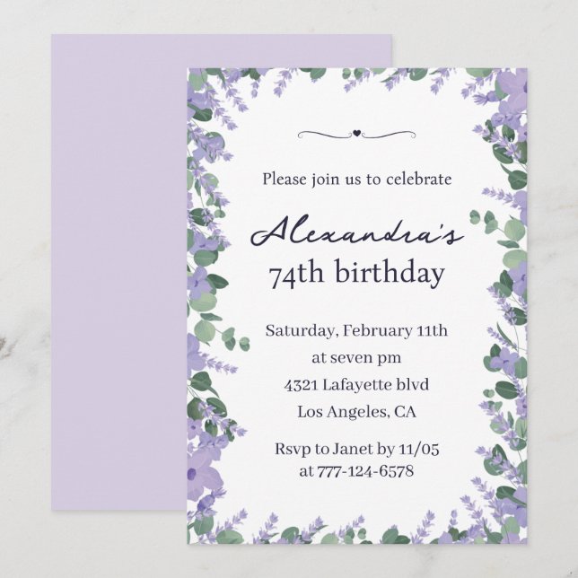 Elegant Lavender Purple Floral Frame 74th birthday Invitation (Front/Back)