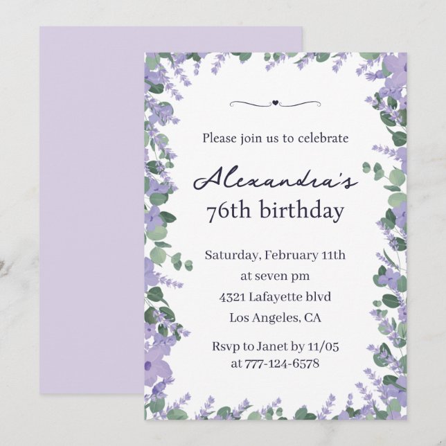 Elegant Lavender Purple Floral Frame 76th birthday Invitation (Front/Back)