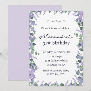 Elegant Lavender Purple Floral Frame 91st birthday Invitation