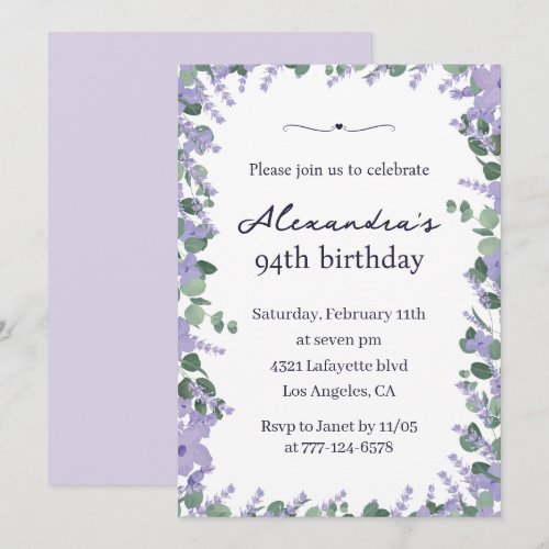 Elegant Lavender Purple Floral Frame 94th birthday