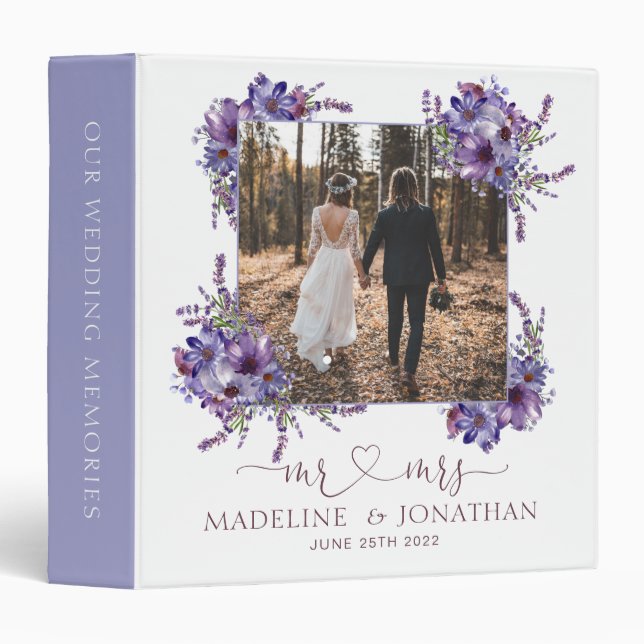 Elegant Lavender Purple Floral Photo Wedding 3 Ring Binder (Front/Spine)