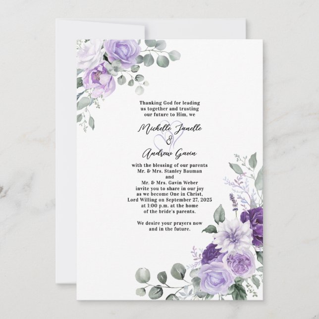 Elegant Lavender Purple Floral Watercolor Wedding Invitation (Front)
