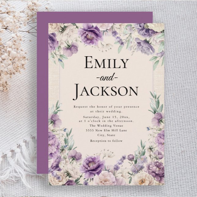 Elegant Lavender Purple Floral Wedding Invitation (Lavender purple and ivory floral and greenery wedding invitation)
