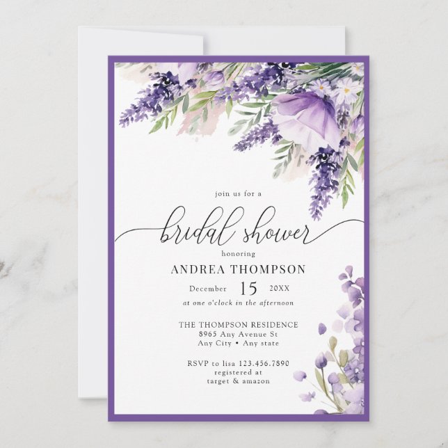 Elegant Lavender Purple Flowers Bridal Shower Invitation (Front)