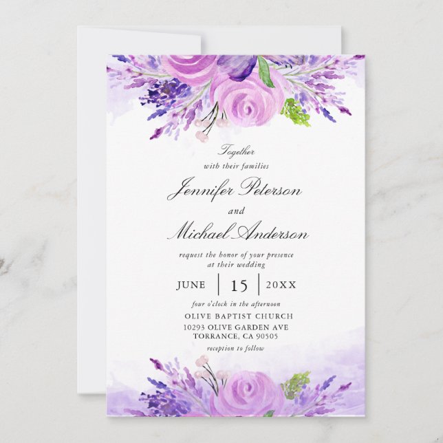 Elegant Lavender Purple Flowers Wedding Invitation (Front)