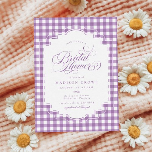 Elegant Lavender Purple Gingham Bridal Shower Invitation