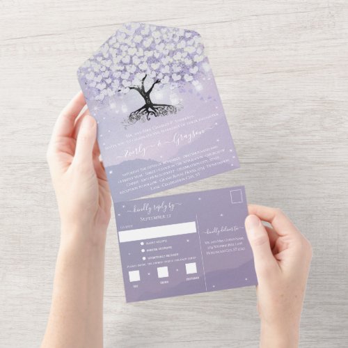 Elegant Lavender Purple Heart Leaf Tree Wedding All In One Invitation