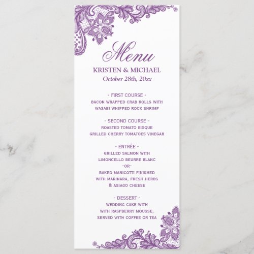 Elegant Lavender Purple Lace Pattern Wedding Menu