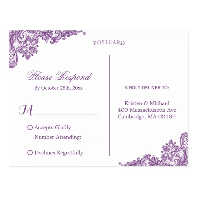 Elegant Lavender Purple Lace Wedding RSVP Postcard
