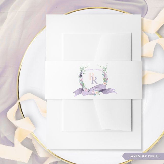 Elegant Lavender Purple Monogram Crest Wedding Invitation Belly Band (Creator Uploaded)