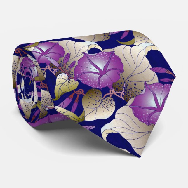 Elegant Lavender Purple Off White Floral Pattern Neck Tie (Rolled)