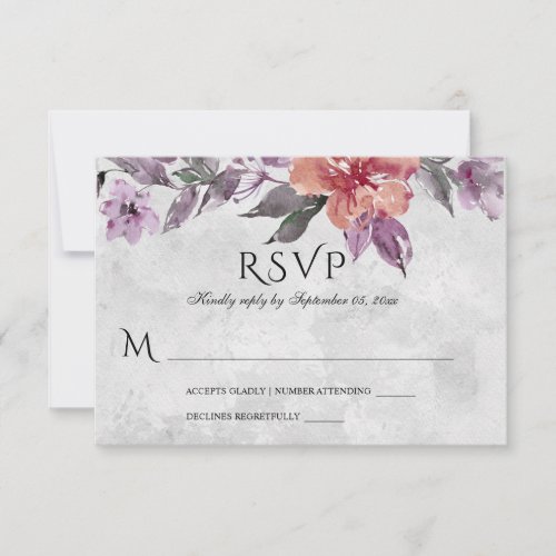 Elegant Lavender Purple Peach Floral Watercolor  RSVP Card