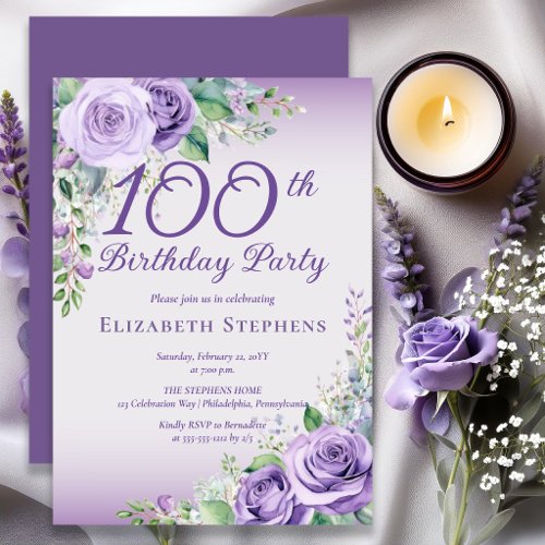 Elegant Lavender Purple Rose Floral 100th Birthday Invitation