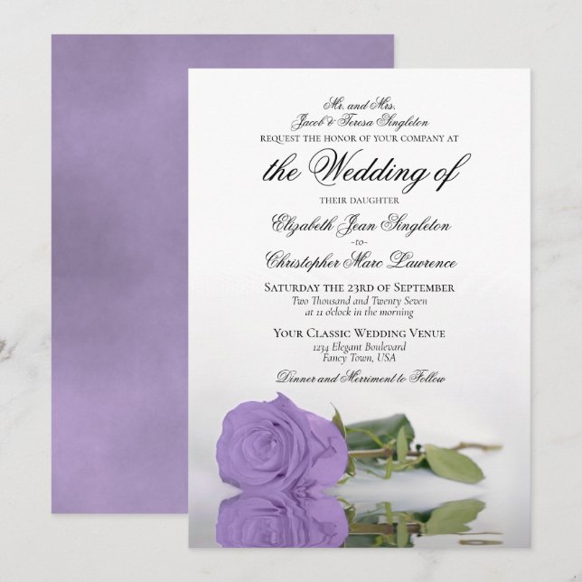Elegant Lavender Purple Rose Formal Wedding Invitation (Front/Back)