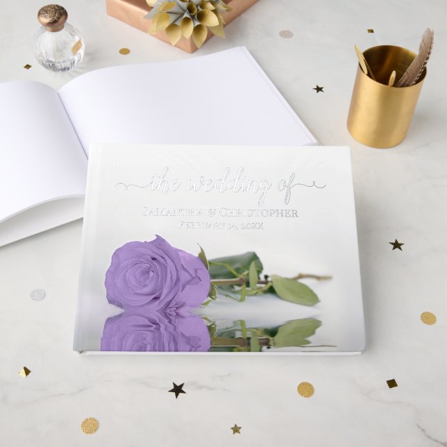 Elegant Lavender Purple Rose Medium Wedding Foil Guest Book (Front Open)