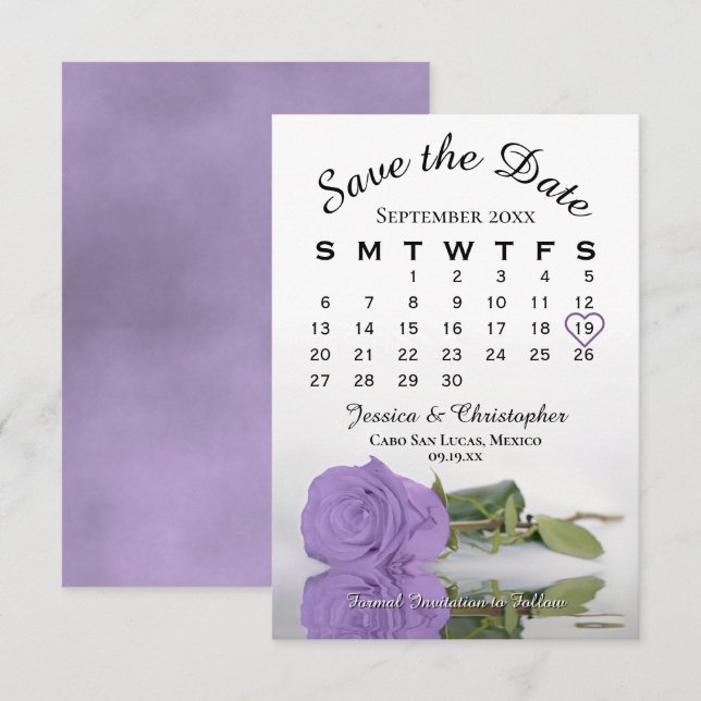 Elegant Lavender Purple Rose Wedding Calendar Save The Date (Front/Back)