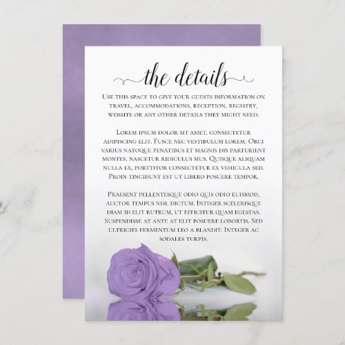 Elegant Lavender Purple Rose Wedding Details Enclosure Card
