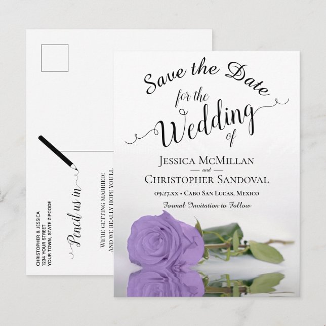 Elegant Lavender Purple Rose Wedding Save the Date Announcement Postcard (Front/Back)