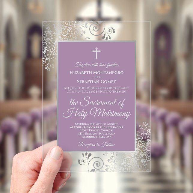 Elegant Lavender Purple & Silver Catholic Wedding Acrylic Invitations (Clear Acrylic with Rectangle Cut)