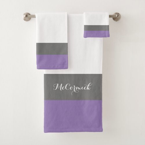 Elegant Lavender Purple Stripes Script Monogram Bath Towel Set