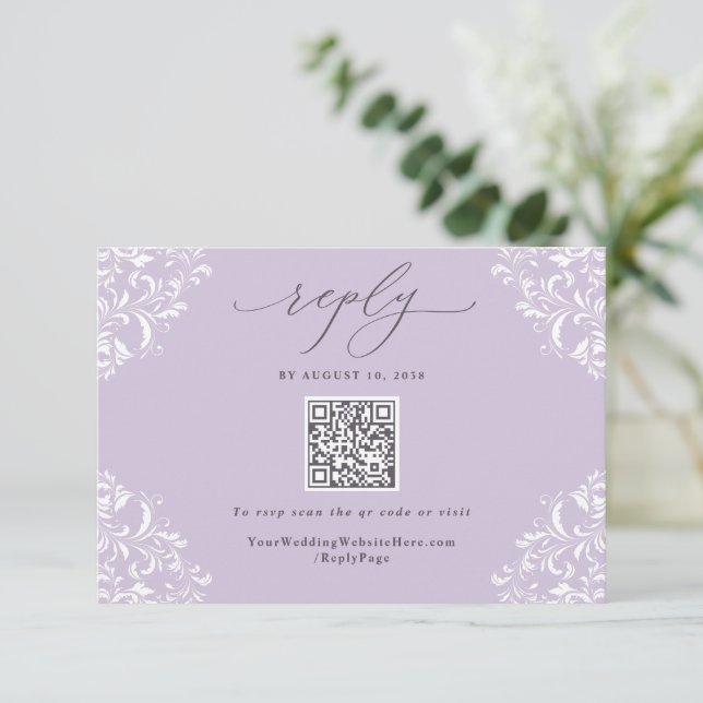Elegant Lavender Purple Vintage Wedding QR Code RSVP Card (Standing Front)