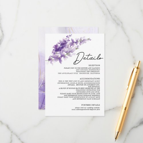 Elegant Lavender Purple Watercolor Wedding Details Enclosure Card