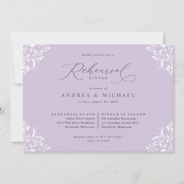 Elegant Lavender Purple Wedding Rehearsal Dinner Invitation (Front)