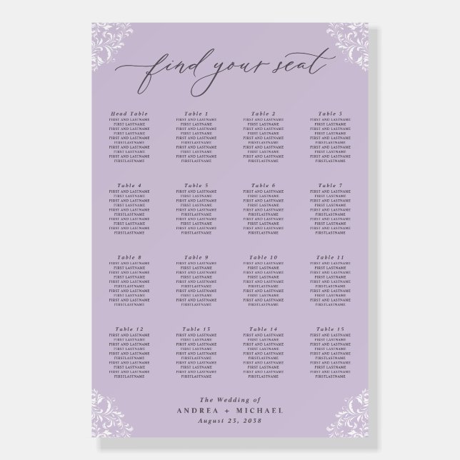 Elegant Lavender Purple Wedding Seating Chart Foam Board (Front)