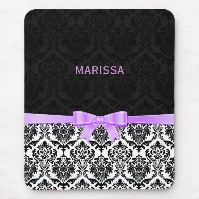Elegant Lavender Ribbon Black & White Damasks 2 Mouse Pad (Front)