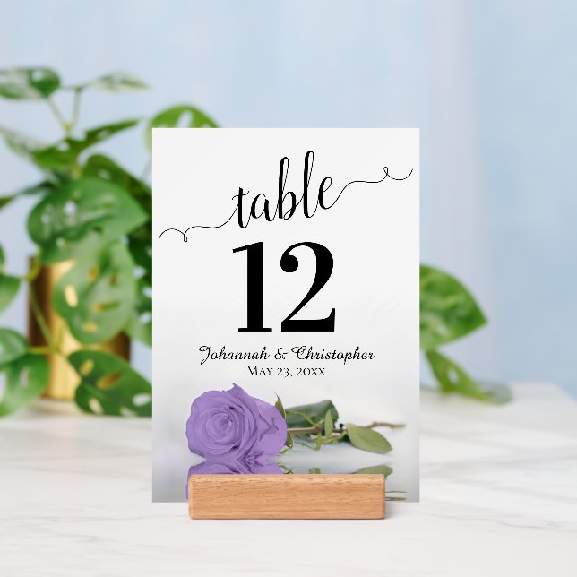 Elegant Lavender Rose Wedding Table Number w/ Holder (Insitu 3)