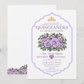 Elegant Lavender Roses Princess Crown Quinceañera Invitation
