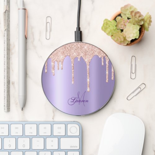 Elegant Lavender Satin with Pink Glitter Drips   Wireless Charger