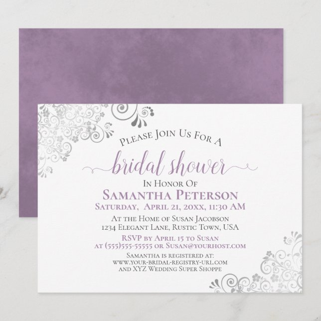 Elegant Lavender & Silver Lace White Bridal Shower Invitation (Front/Back)
