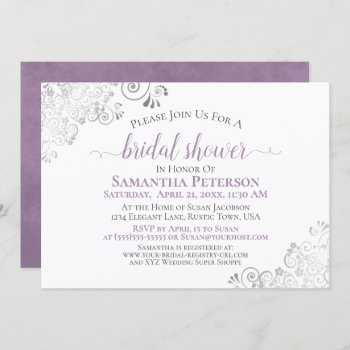 Elegant Lavender & Silver Lace White Bridal Shower Invitation by ZingerBug at Zazzle