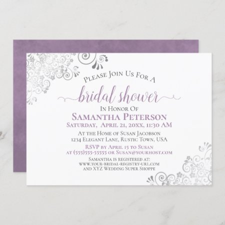 Elegant Lavender & Silver Lace White Bridal Shower Invitation