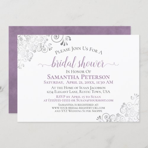 Elegant Lavender  Silver Lace White Bridal Shower Invitation