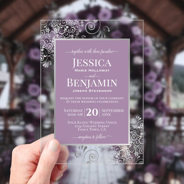 Elegant Lavender & Silver Stylish Text Wedding Acrylic Invitations (Creator Uploaded)