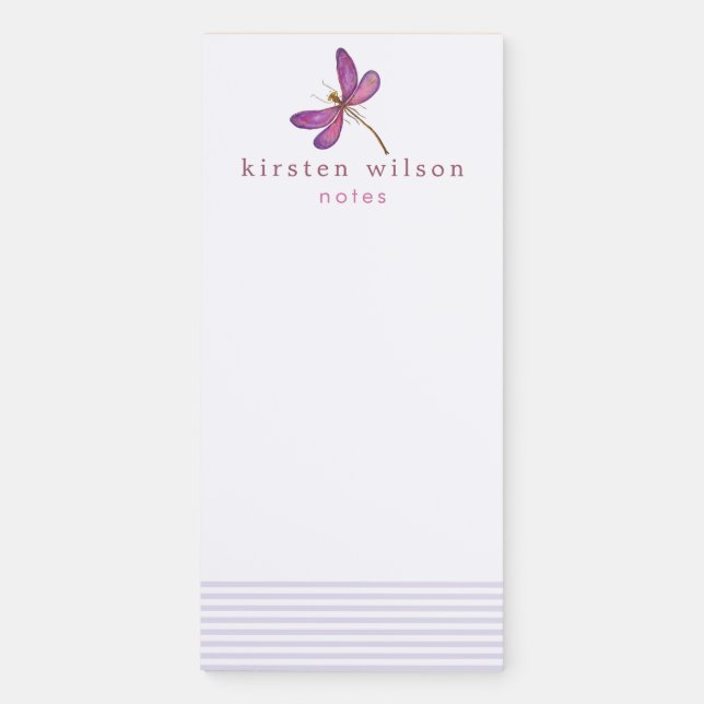 Elegant Lavender Stripes & Dragonfly  Personalized Magnetic Notepad (Front)