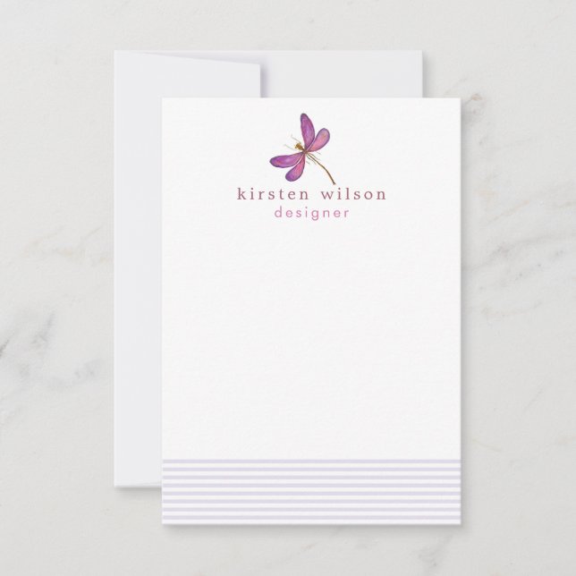Elegant Lavender Stripes & Dragonfly  Personalized Note Card (Front)
