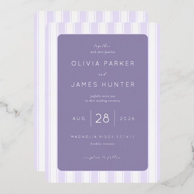 Elegant Lavender Stripes Foil Invitation (Front/Back)