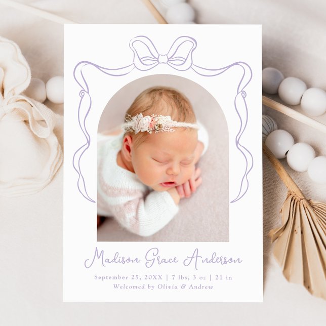 Elegant Lavender Vintage Bow Photo Birth Announcement (Creator Uploaded)