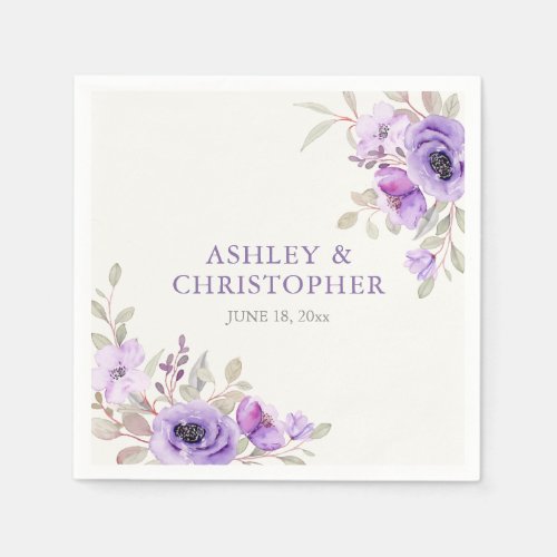 Elegant Lavender Watercolor Floral Bouquet Wedding Napkins