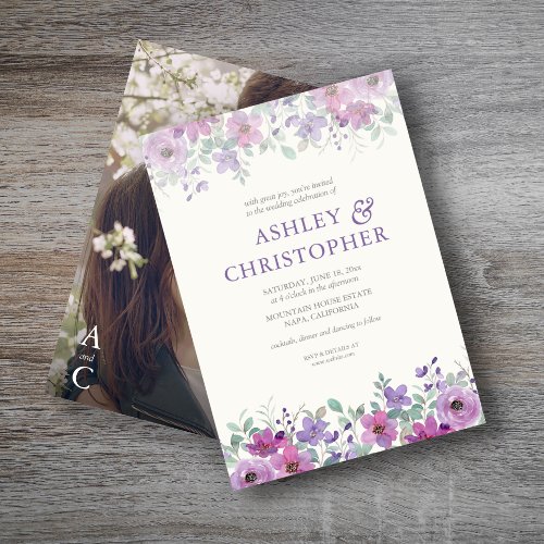 Elegant Lavender Watercolor Floral Photo Wedding Invitation