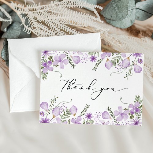 Elegant Lavender Watercolor Flowers Wedding Thank You Card