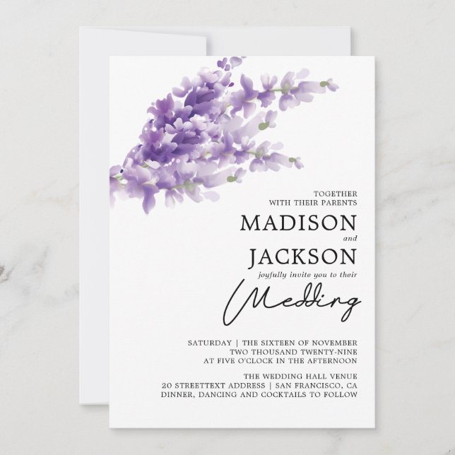 Elegant Lavender Watercolor Wedding Invitation (Front)