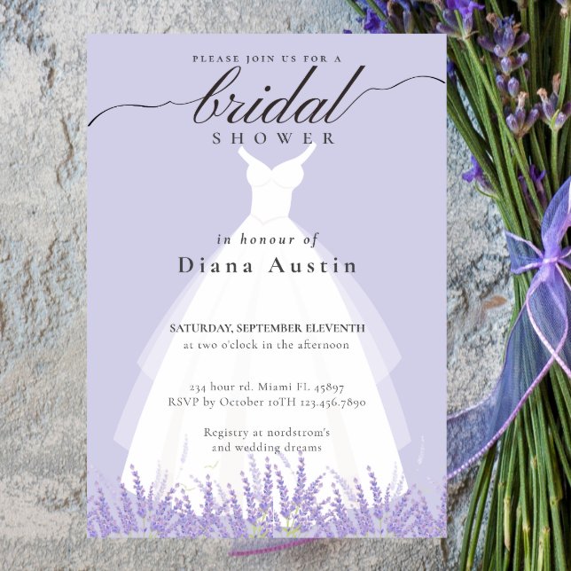 Elegant Lavender Wedding Dress Bridal Shower Invitation (Elegant Calligraphy Lavender Lilac Bridal Shower I Invitation)