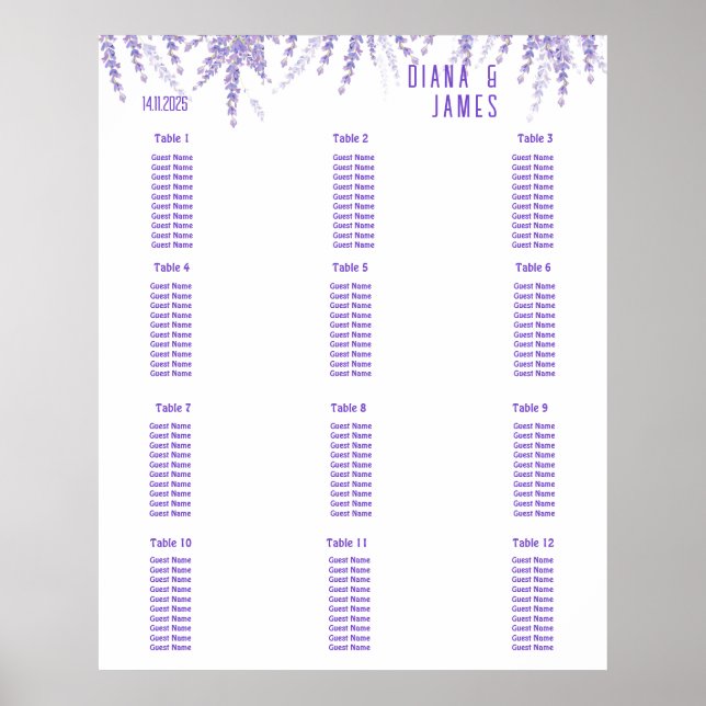 Elegant Lavender Wedding Seating Charts (Front)