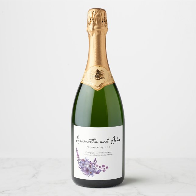 Elegant Lavender Wedding Sparkling Wine Bottle Lab Label (Front)
