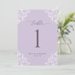 Elegant Lavender Wedding Table Numbers Cards 5x7<br><div class="desc">Elegant Lavender 5x7 Wedding Table Numbers: Use these vintage, classic table numbers at your wedding reception or event. This design features the word "Table" in an elegant calligraphy with an ornate vintage corners design for a luxe look. It's set in lavender / lilac / light purple, but you can change...</div>